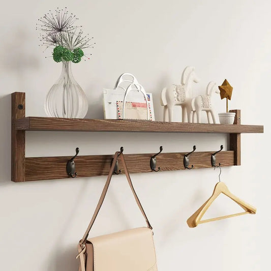 Wood Wall Mount Coat Rack With Shelf And Five Hooks