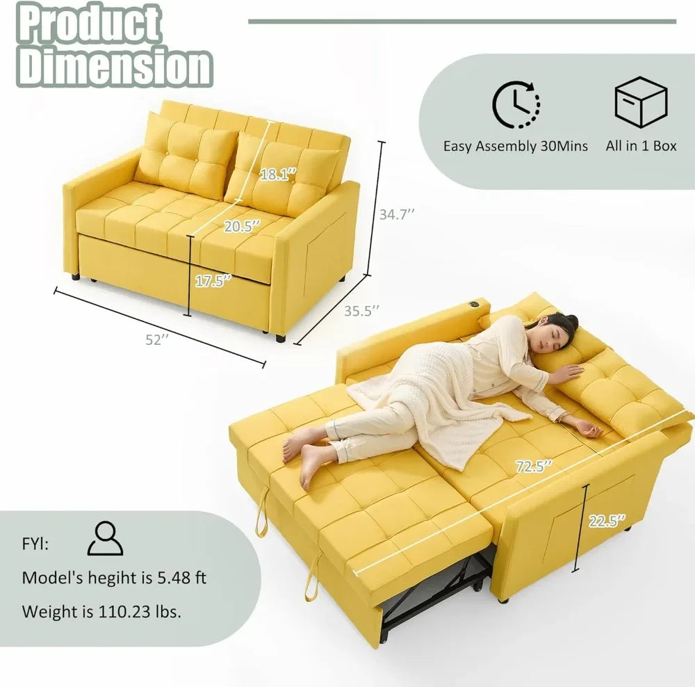 Convertible Sofa Bed With Pull Out Sleeper And USB Ports