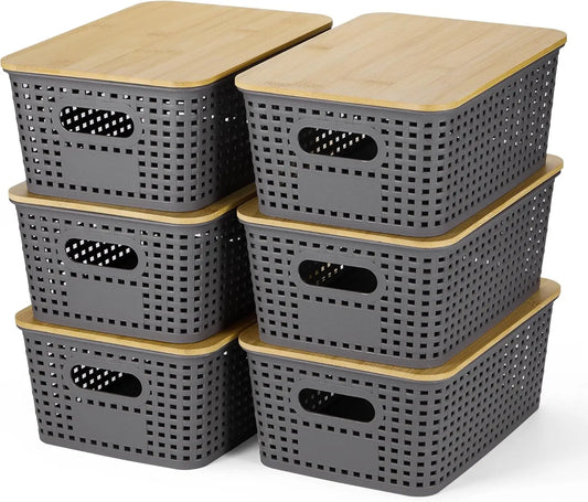 NONECN Bamboo Lid Plastic Storage Baskets Stackable