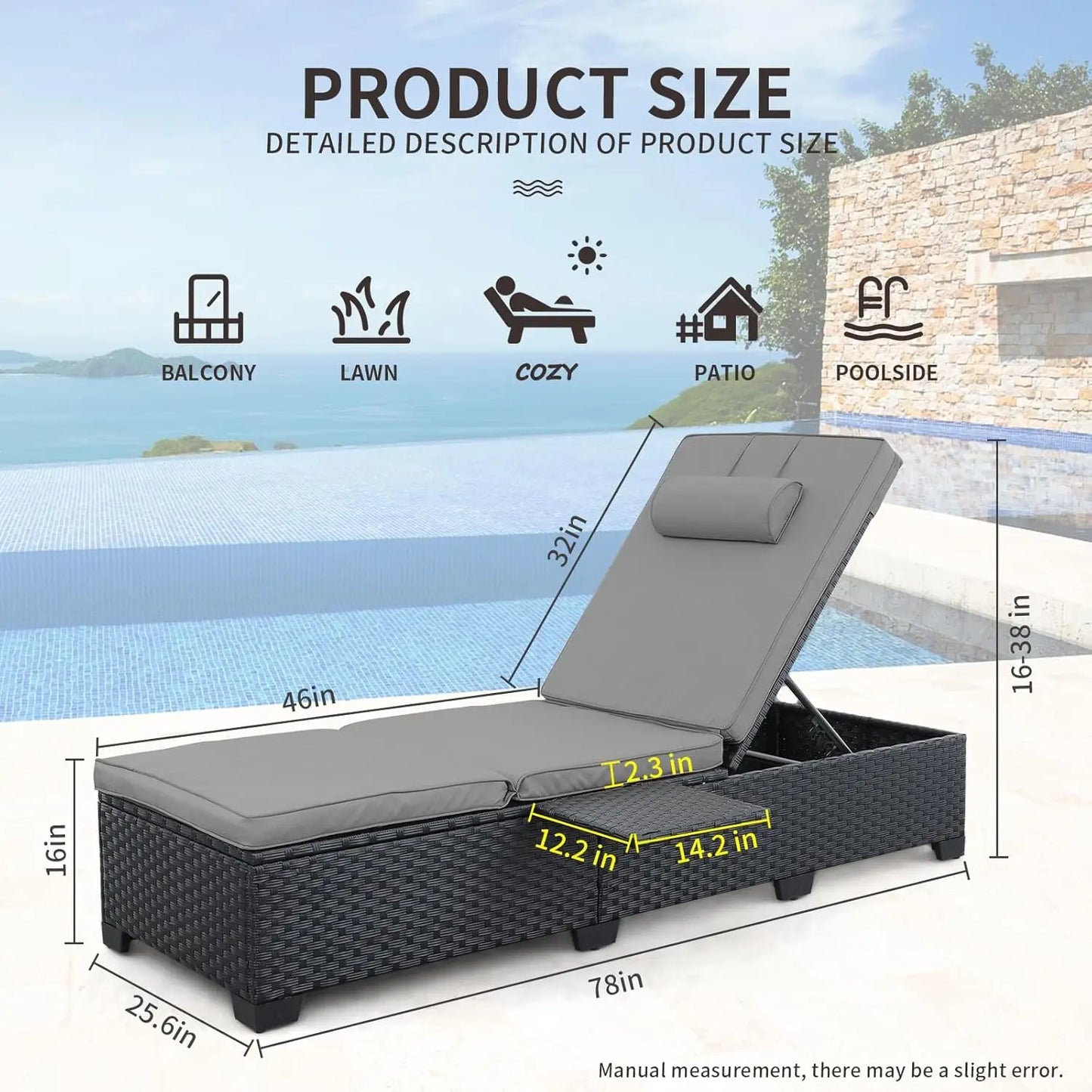 Adjustable Wicker Chaise Lounge Patio Pool Sunbathing Recliner Cushioned