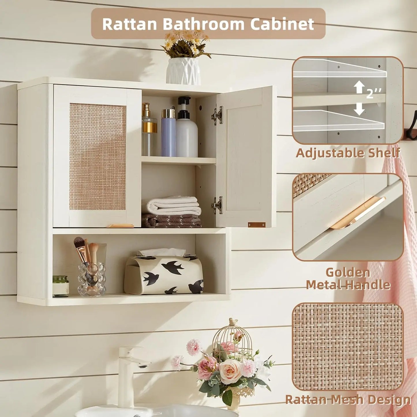 Rattan Boho Bathroom Wall Cabinet Over Toilet Storage
