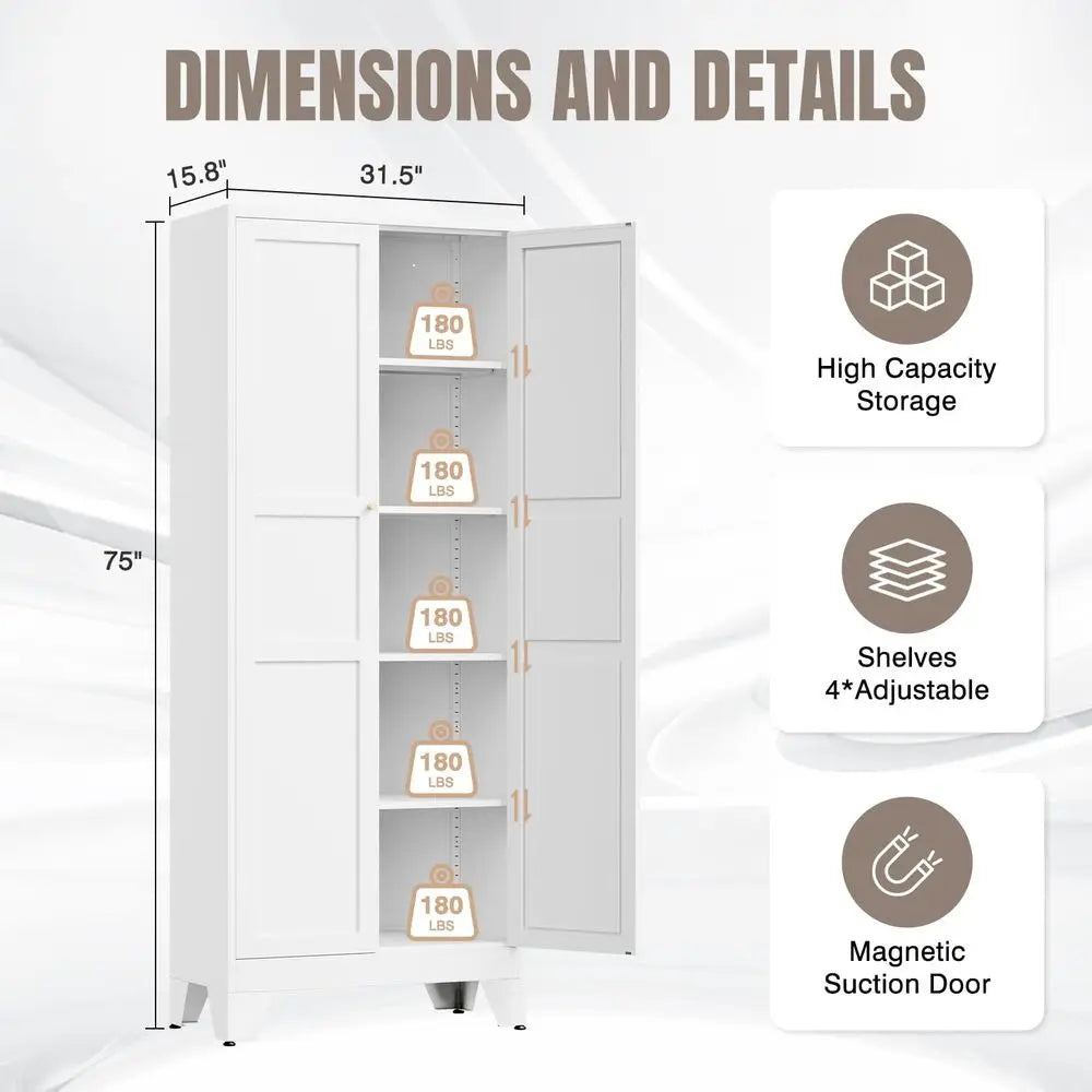 Metal Kitchen Pantry Cabinet With 2 Doors And 4 Adjustable Shelves