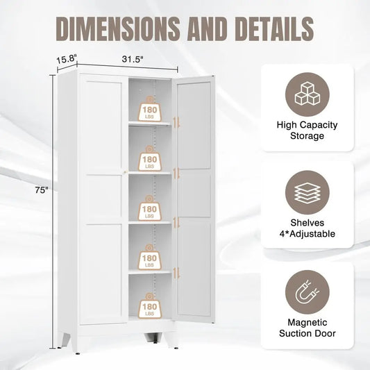 Metal Kitchen Pantry Cabinet With 2 Doors And 4 Adjustable Shelves