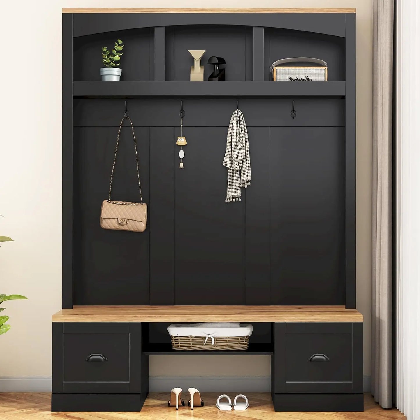 Hall Tree With Hidden Hooks Coat Rack And Shoe Storage