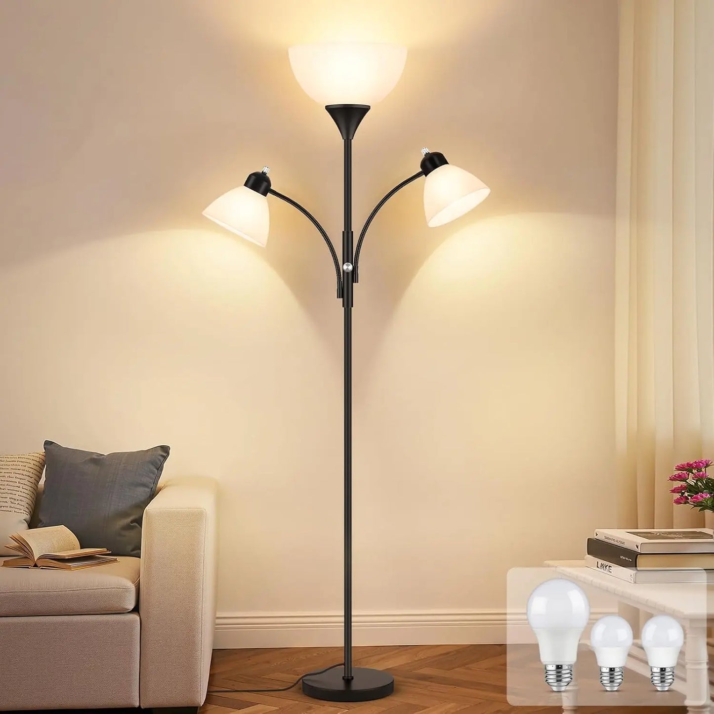 Dimmable Floor Lamp With Reading Lights Includes 3 Bulbs