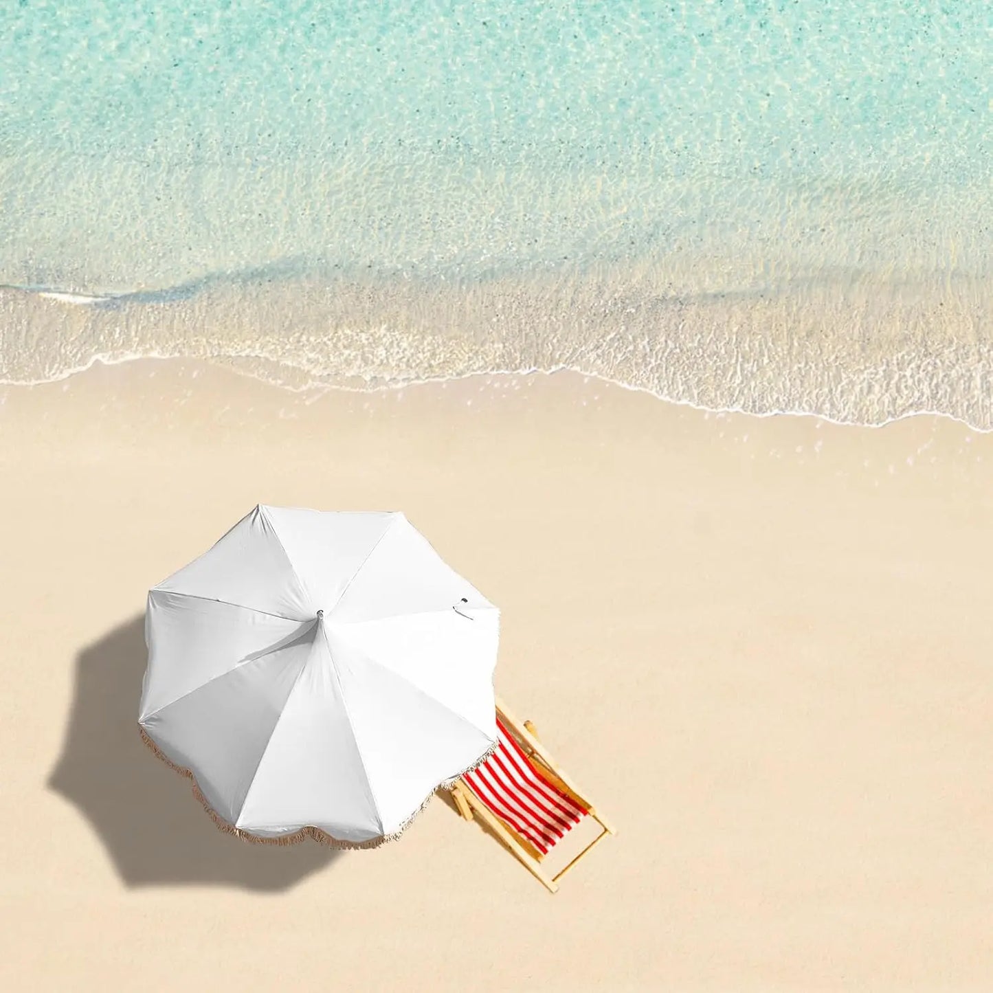 Boho Beach Umbrella Fringe UPF 50 Foldable Wood Pole
