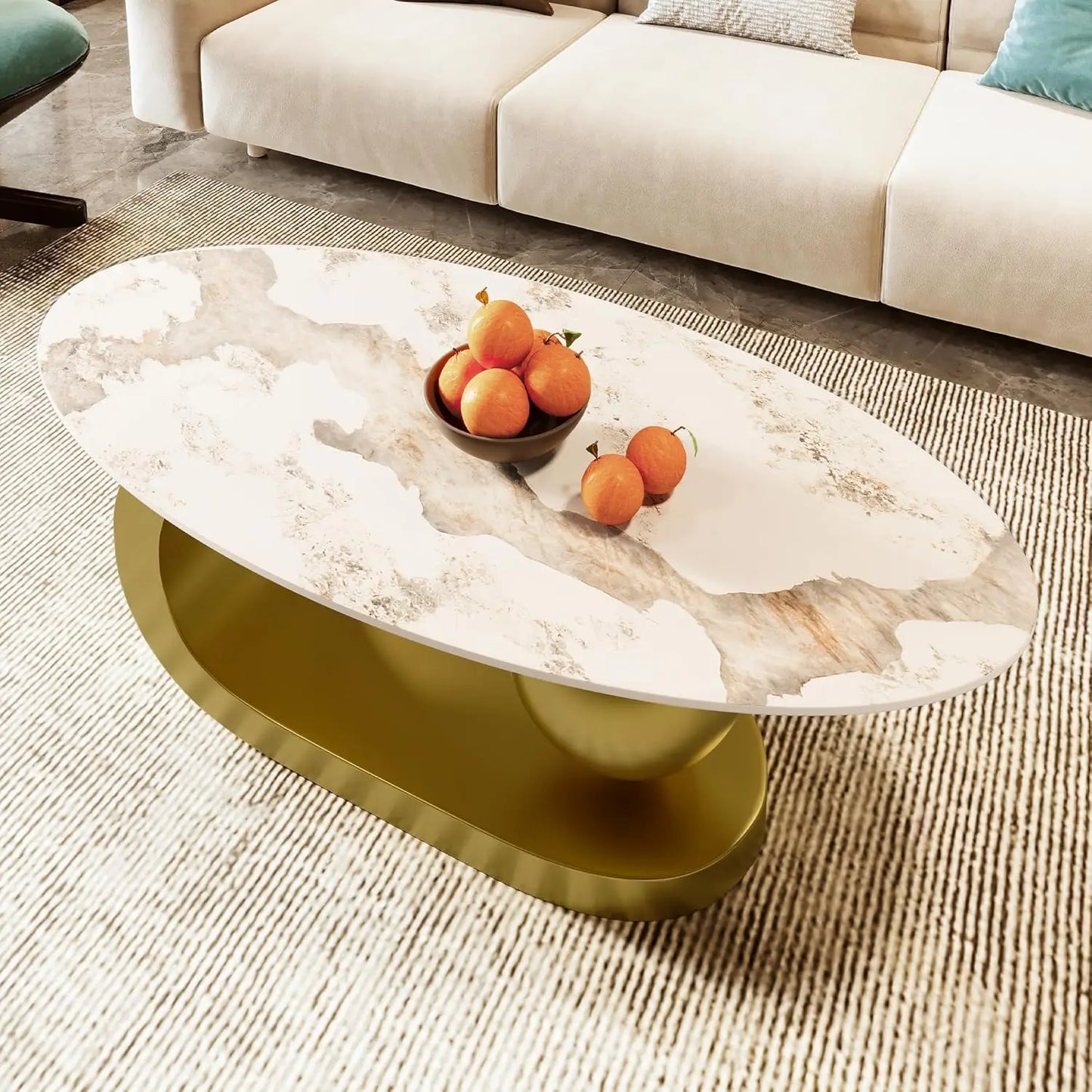 Oval Marble-Pattern Sintered Stone Coffee Table With Metal Base