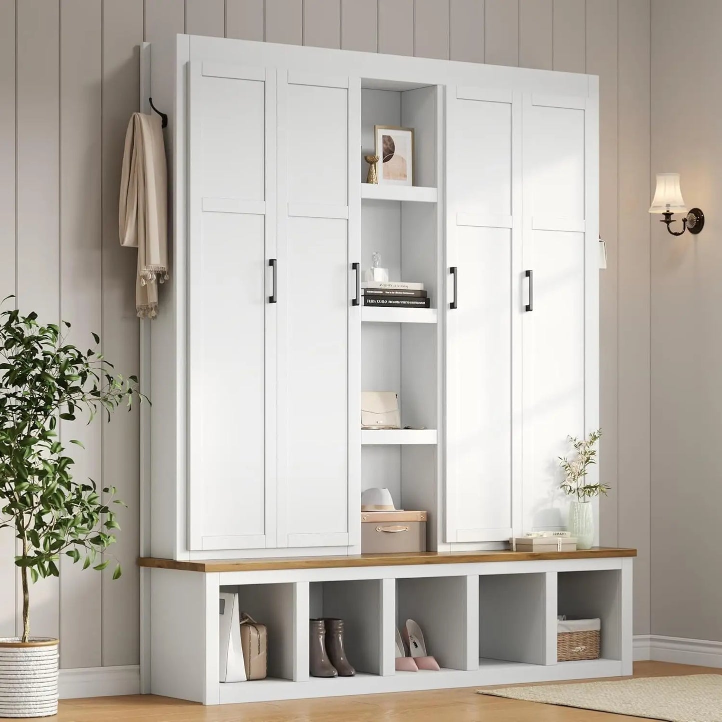 Hall Tree With Hidden Hooks Coat Rack And Shoe Storage