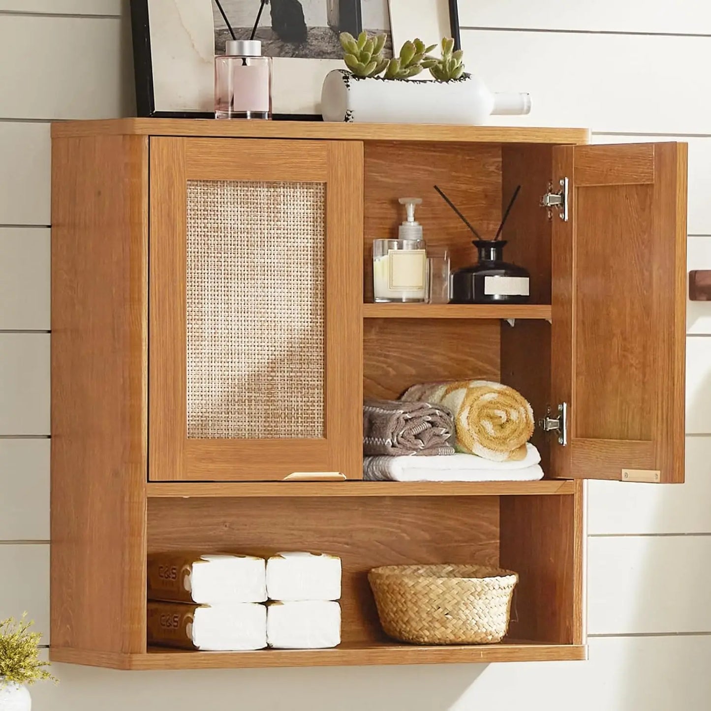 Rattan Boho Bathroom Wall Cabinet Over Toilet Storage