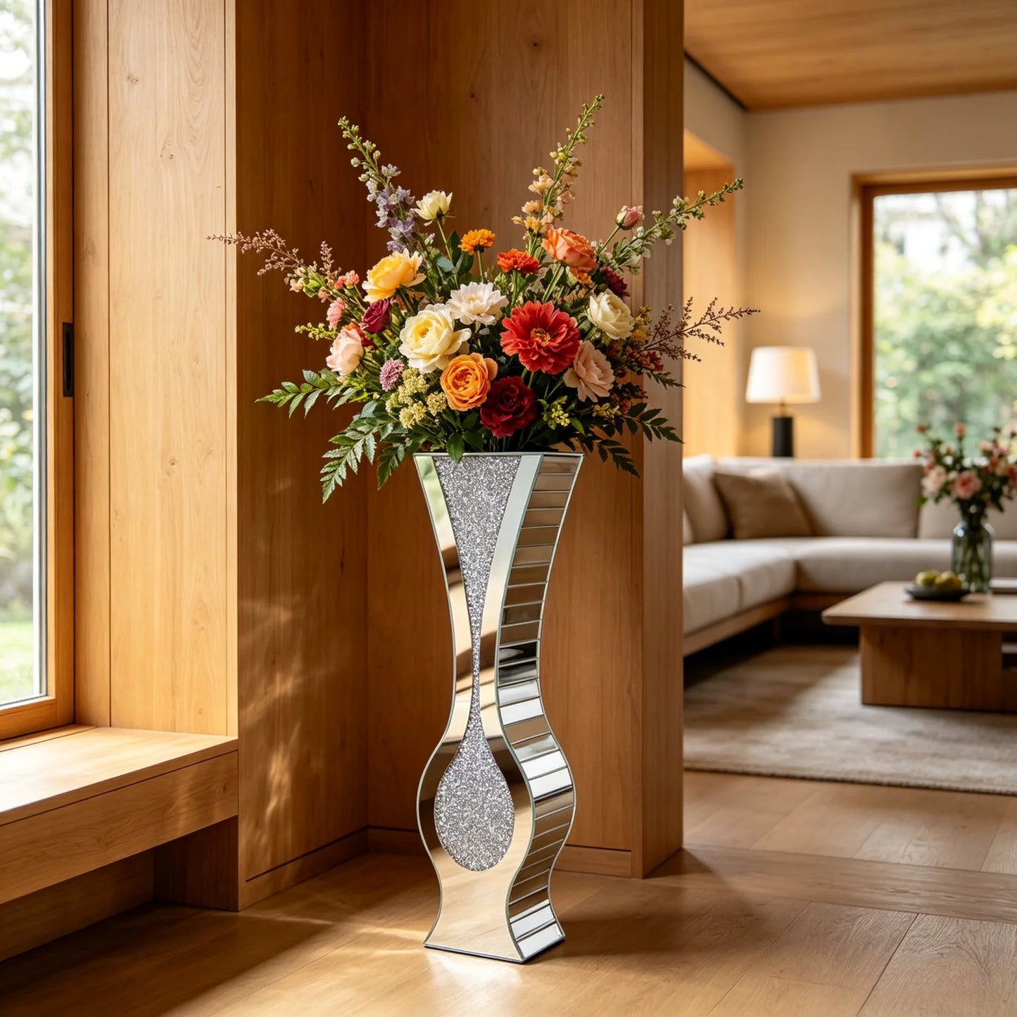 Modern Glass Floor Vase With Crushed Diamond Mirror Finish