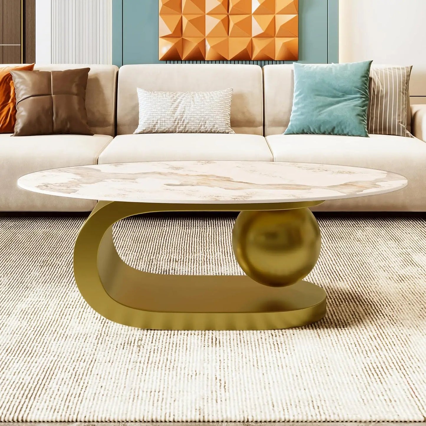 Oval Marble-Pattern Sintered Stone Coffee Table With Metal Base