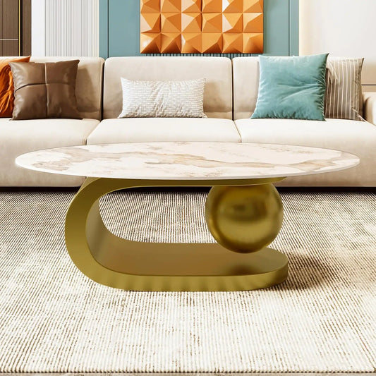 Oval Marble-Pattern Sintered Stone Coffee Table With Metal Base