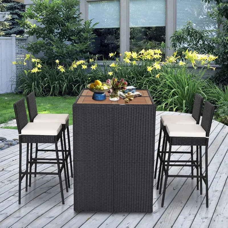 Tangkula 5 Piece Patio Wicker Bar Set With Acacia Wood Table And 4 Rattan Stools